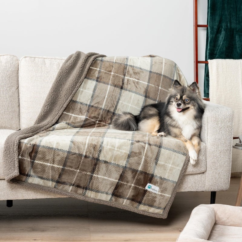 PetAmi Waterproof Dog Blanket for Medium Large Dog Puppy Cat Throw for Couch Cover Leakproof Protection, Sherpa Fleece, Reversible Soft Washable 60x40 Plaid Taupe - Image 3